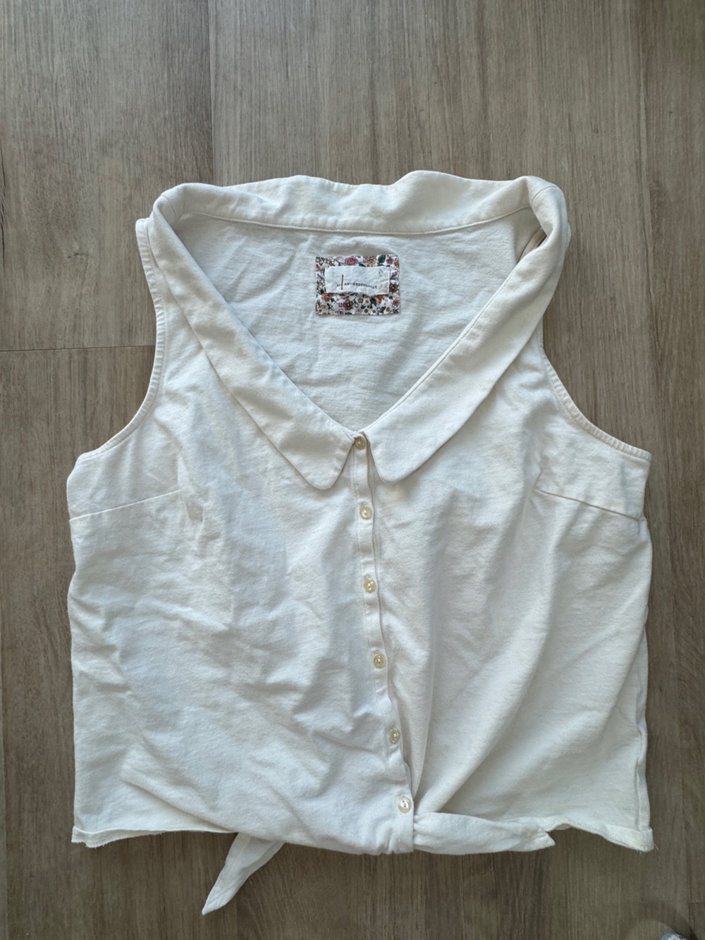 Anthropologie Peter Pan Collar Sleeveless Button Front Tie Hem Top